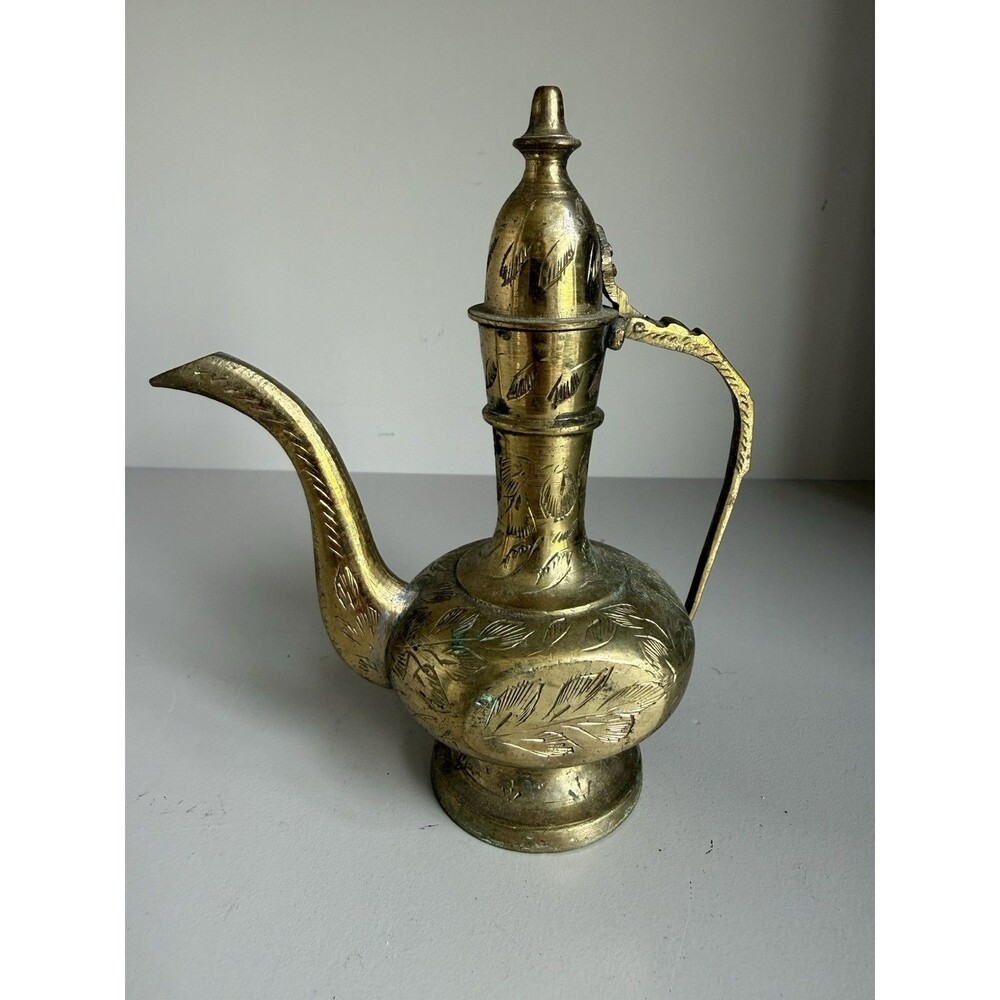 Vintage Solid Brass Indian Made Etched Antique Aftaba Tea Pot Pitcher Genie Lamp